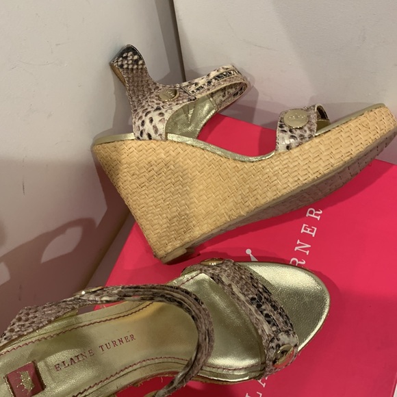 NWB 👑 Elaine Turner Kelcie Leather Raffia Wedge Platform Sandal Tan Gold Black - Picture 12 of 15